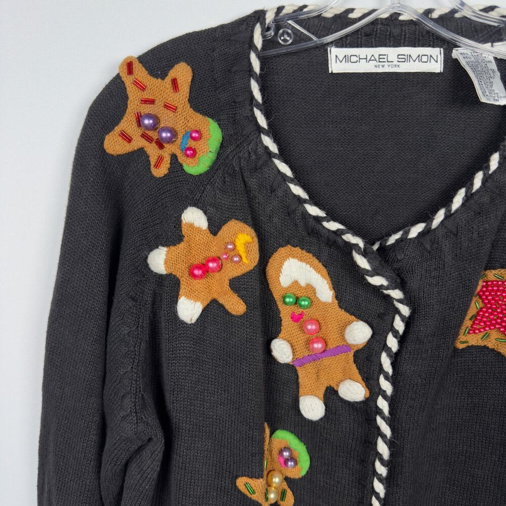 Vintage 90s Michael Simon Women's Christmas Sweater Gingerbread Man Size 2 - Picture 2 of 10